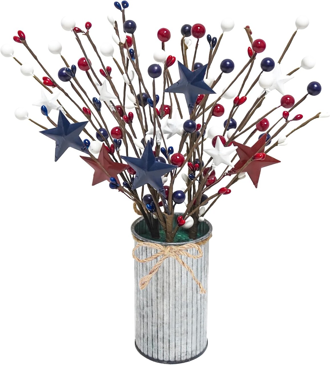 4th of July Decorations Artificial Patriotic Floral Picks with Vase, Artificial Berry Stem Picks Star Shaped for Independence Day Red White Blue Decor for Home Office Wedding Centerpieces